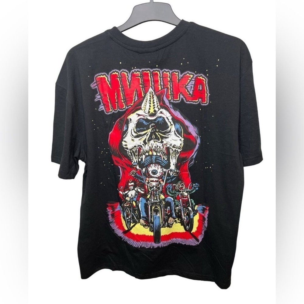Mishka "Engineered To Destroy" Black T-Shirt With Biker Skull Graphic Size Large